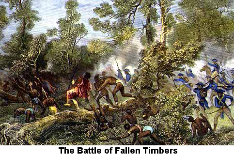 Painting showing Native Americans and American army soldiers fighting at very close quarters over a stone wall.